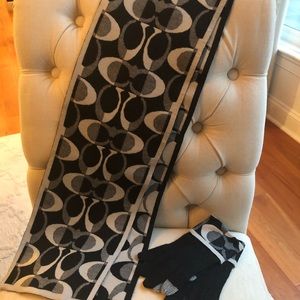 COACH- BLACK, GRAY AND OFF WHITE SCARF AND GLOVES